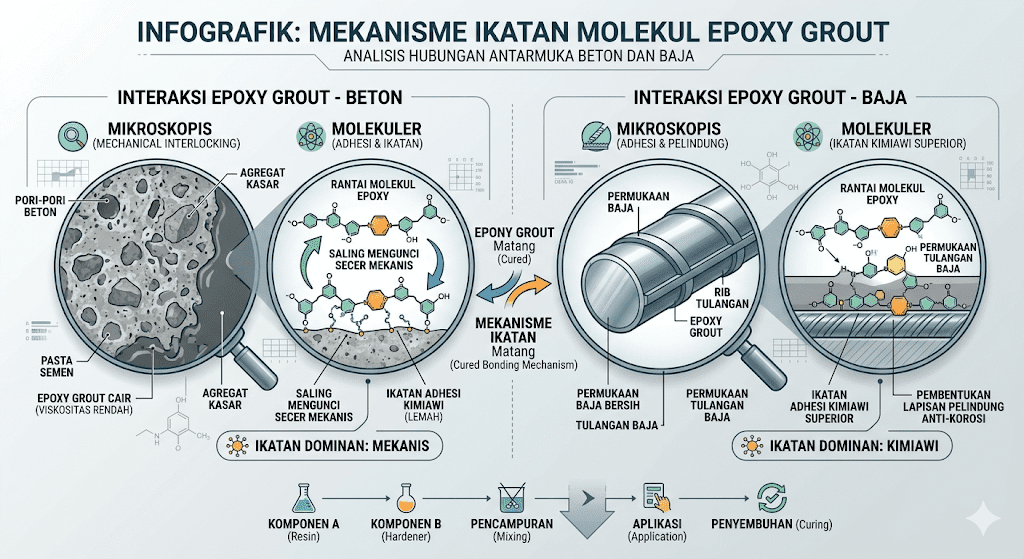 Grouting Sterilizer Sawit: Panduan Presisi Beban & Panas Ekstrem 1 Diagram teknis bergaya laboratorium yang menjelaskan skema ikatan molekuler antara material epoxy grout, permukaan beton, dan komponen baja dengan label bahasa Indonesia.