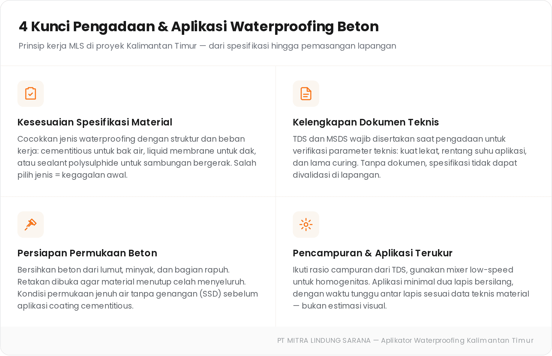 Panduan Pengadaan & Aplikasi Waterproofing Beton Sika dan Fosroc di Bontang 2 4 kunci pengadaan dan aplikasi waterproofing beton: kesesuaian spesifikasi, dokumen teknis, persiapan permukaan, pencampuran terukur