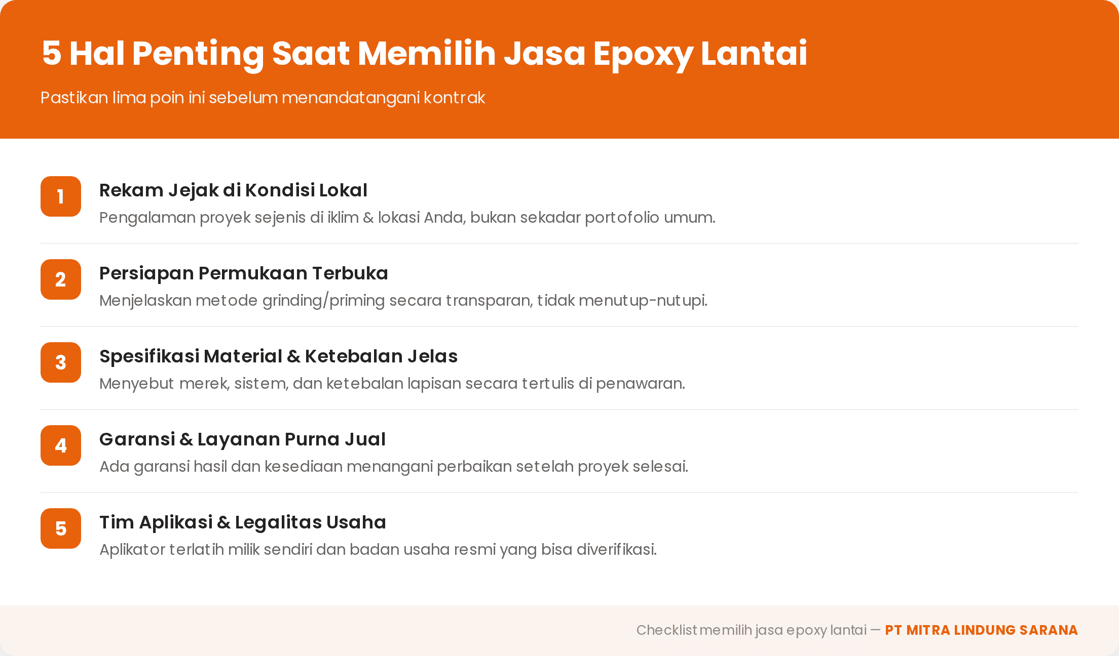 Lima Hal yang Perlu Dipastikan Sebelum Memilih Jasa Epoxy Lantai di Surabaya 1 Lima hal yang perlu dipastikan sebelum memilih jasa epoxy lantai