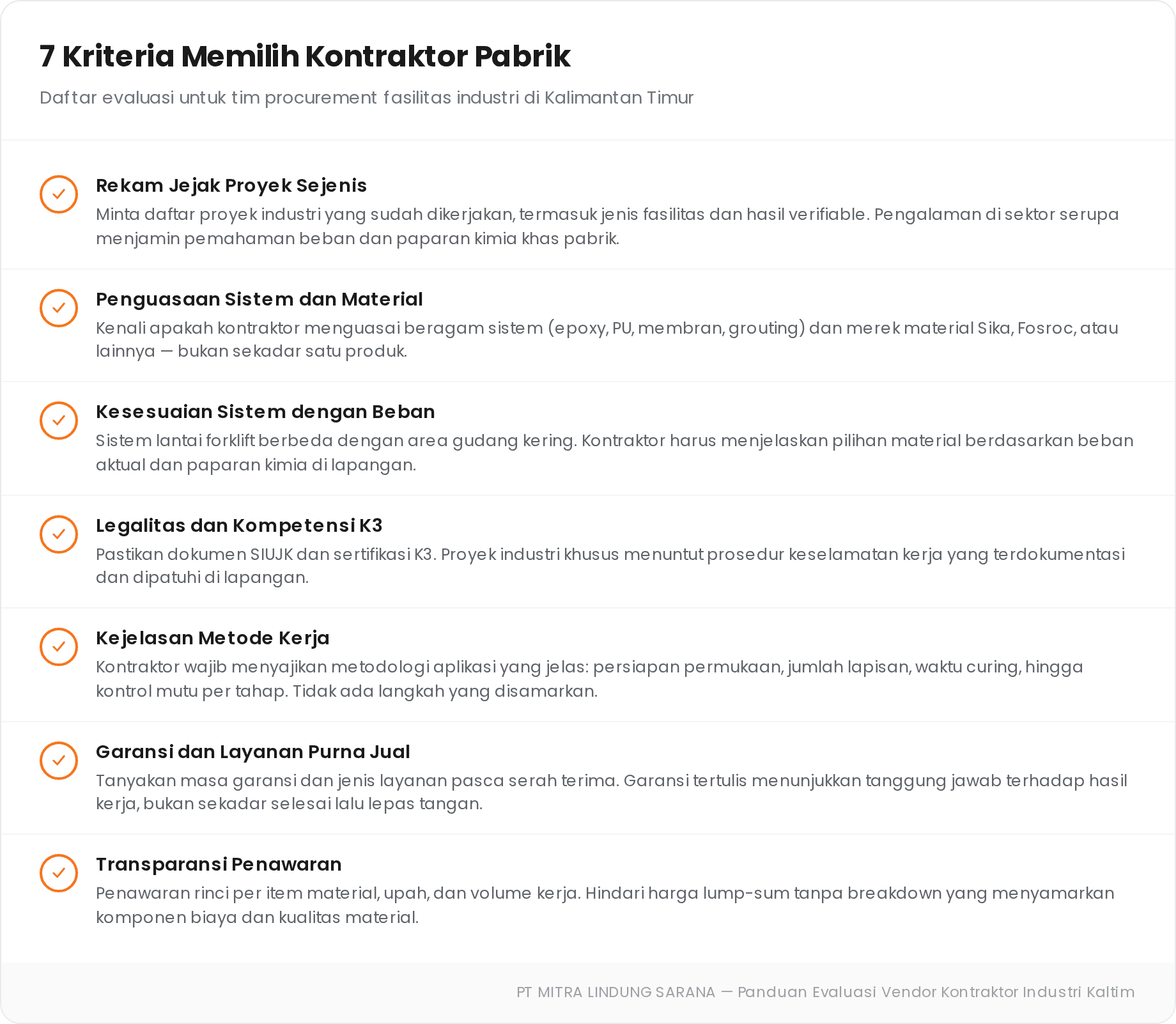 7 Tips Memilih Kontraktor Pabrik untuk Proyek Industri di Kaltim 1 Infografis tujuh kriteria memilih kontraktor pabrik untuk proyek industri di Kaltim: dari rekam jejak hingga transparansi penawaran.