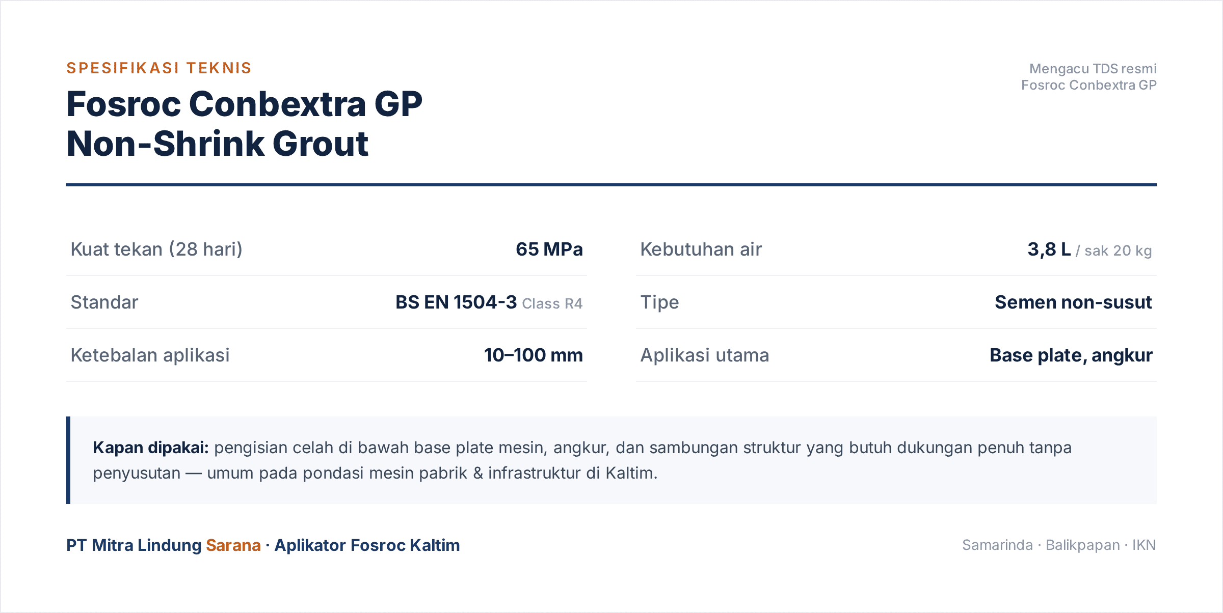 Spesifikasi teknis Fosroc Conbextra GP non-shrink grout - kuat tekan 65 MPa BS EN 1504-3 - PT Mitra Lindung Sarana