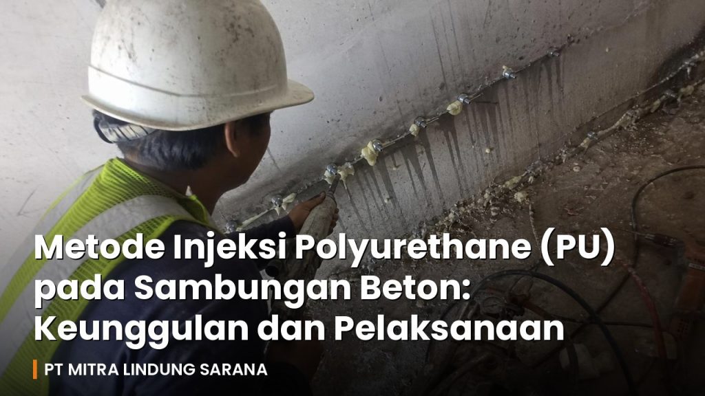 Pekerja proyek melakukan injeksi polyurethane pada sambungan beton menggunakan alat injeksi, mengenakan helm dan rompi hi-vis