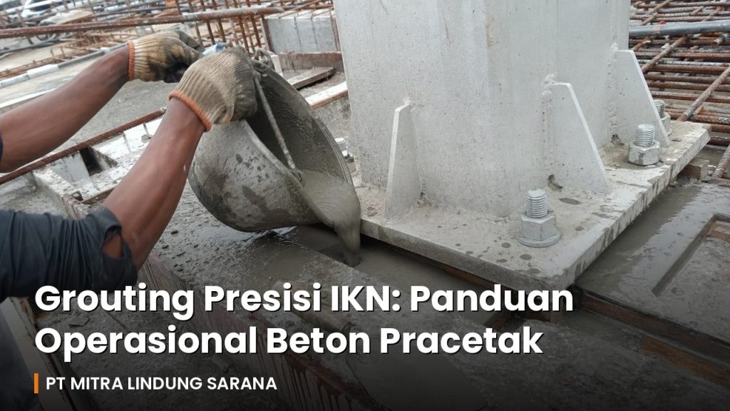 Grouting Presisi IKN: Panduan Operasional Beton Pracetak 15 Pekerja MLS menuang grout presisi ke dasar kolom beton pracetak di proyek konstruksi IKN
