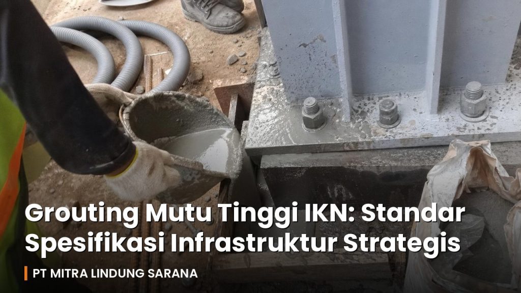 Grouting Mutu Tinggi IKN: Standar Spesifikasi Infrastruktur Strategis 10 Pekerja proyek menuangkan material grouting mutu tinggi pada pondasi struktur di kawasan IKN Nusantara