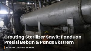 Pekerja grouting di baseplate sterilizer sawit, pabrik kelapa sawit Kalimantan