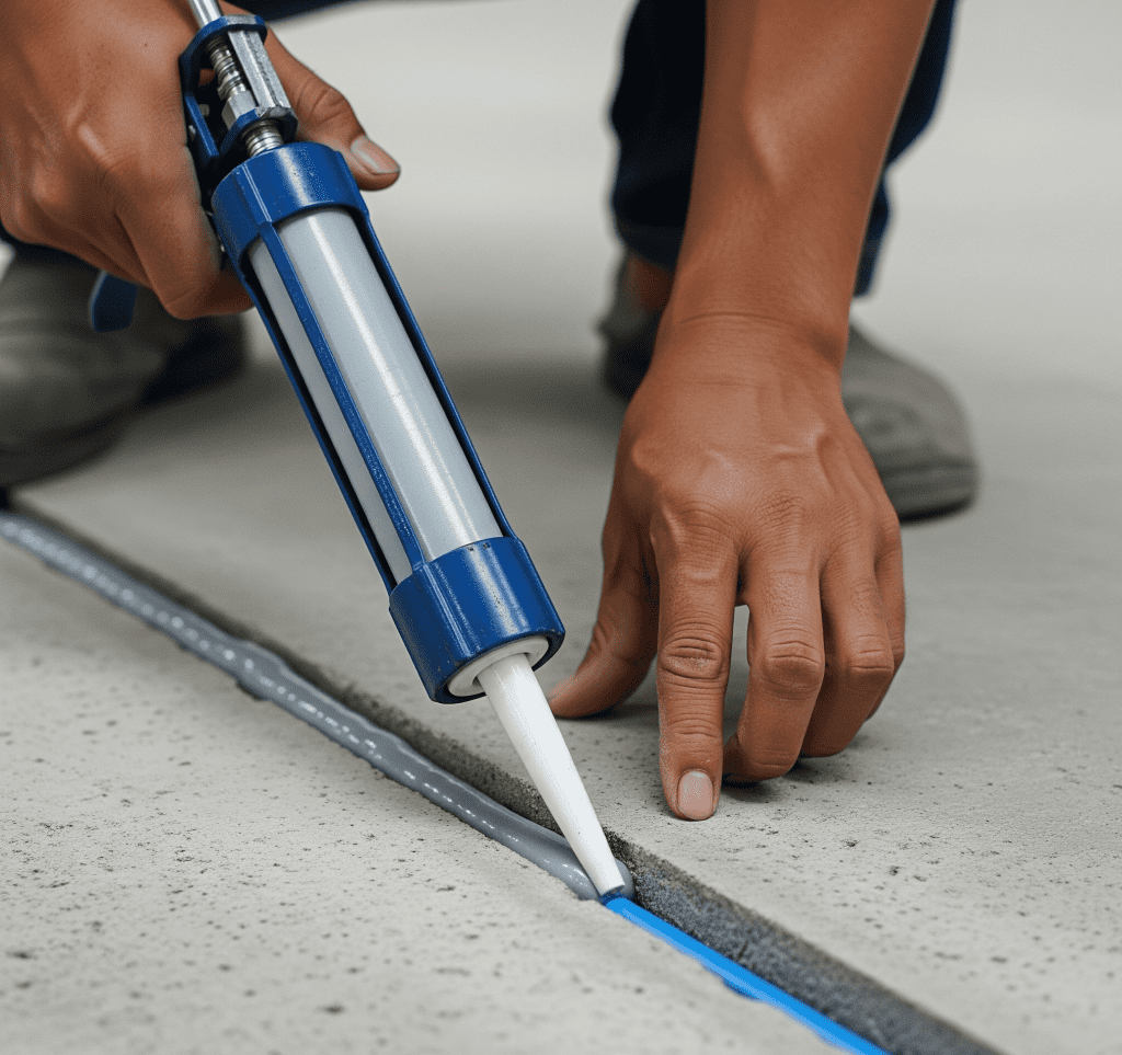 Pekerja Konstruksi Menggunakan Grey Polyurethane Joint Sealant di Pabrik