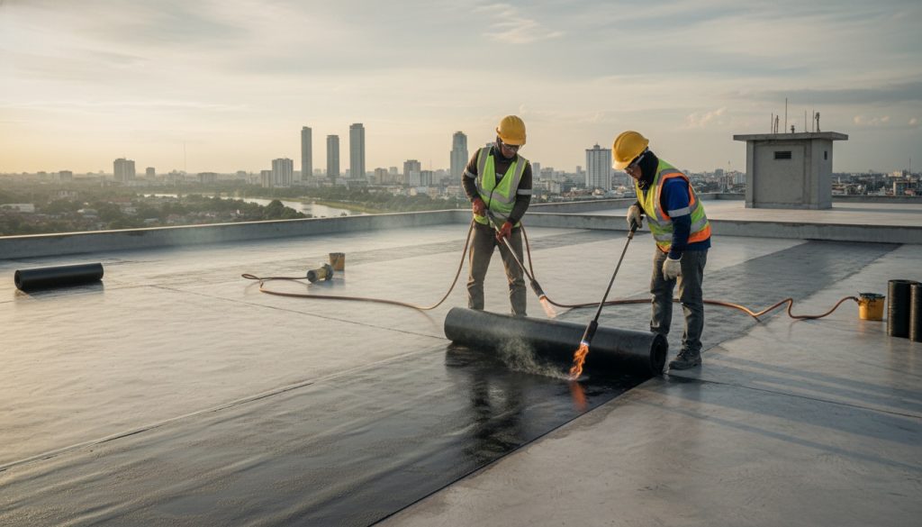 Solusi Waterproofing Kalimantan: Kapan Pakai Membrane Bakar? 1 Aplikasi membrane bakar di atap gedung