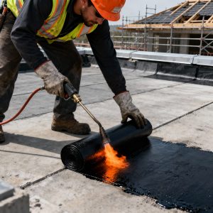 worker in safety gear using a propane torch to apply a black torch-on membrane sheet onto a concrete roof deck