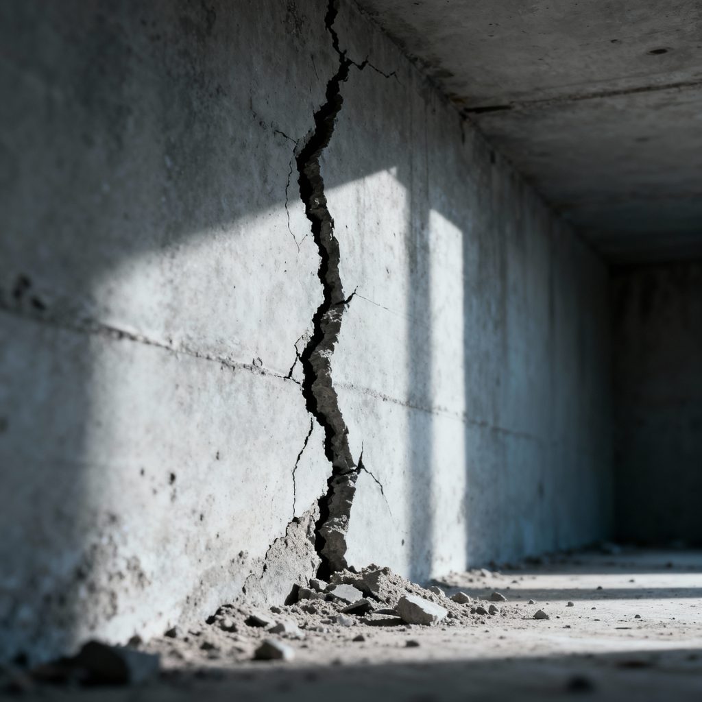 significant structural crack running diagonally down a concrete wall or beam, clearly showing the damage