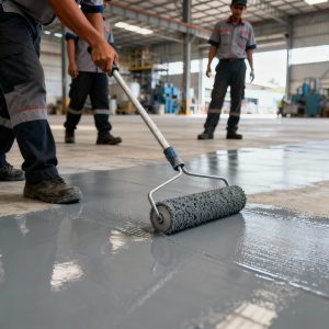 workers in uniforms applying grey epoxy coating with rollers on a large warehouse floor, with the industrial setting of Surabaya visible in the background