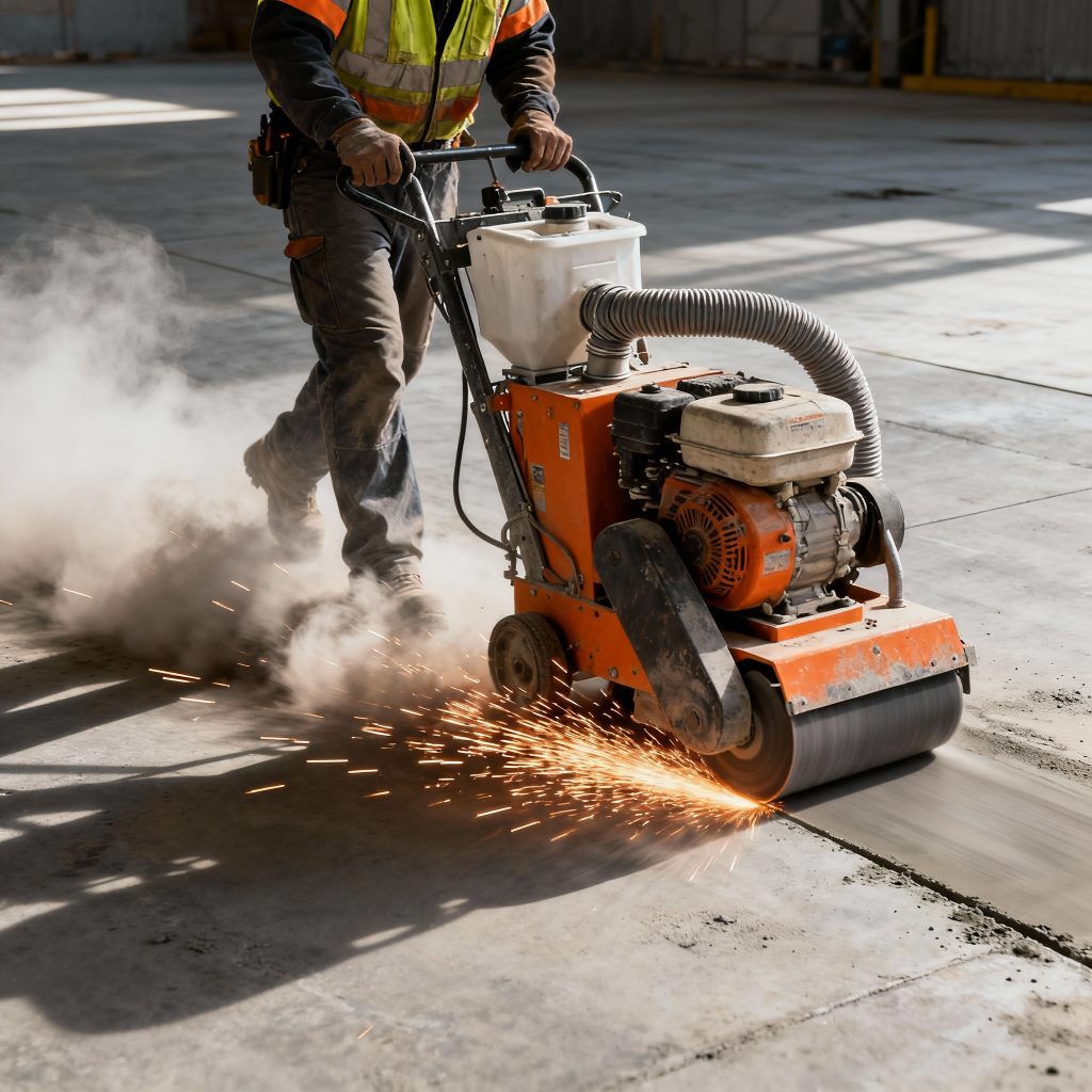 worker using a walk-behind concrete grinding machine (floor grinder) on a concrete slab, showing dust extraction.