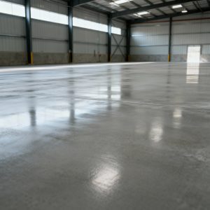 finished concrete floor in a new warehouse, extremely flat, smooth, and slightly reflective, clearly showing the effect of floor hardener and power troweling