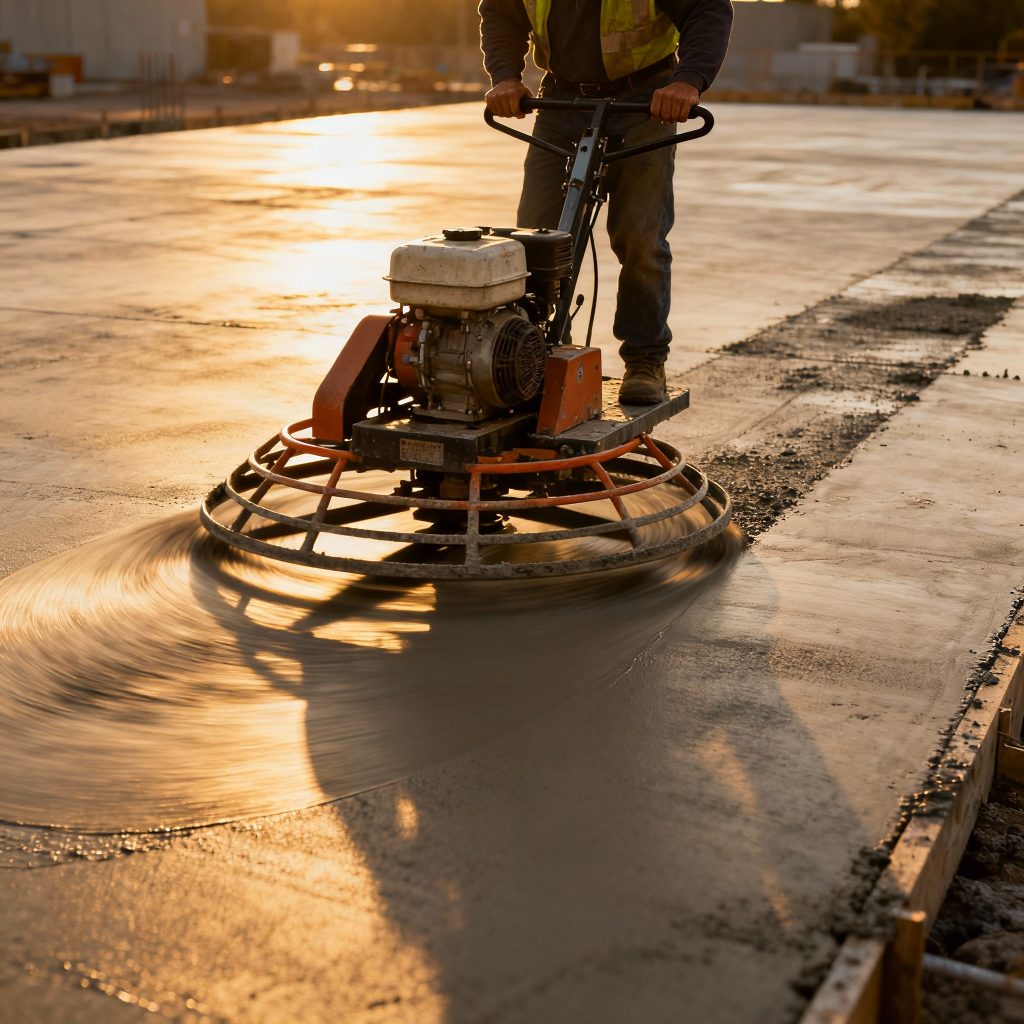 a worker operating a 'ride-on power trowel' machine across a large, freshly poured concrete slab, demonstrating the application process.