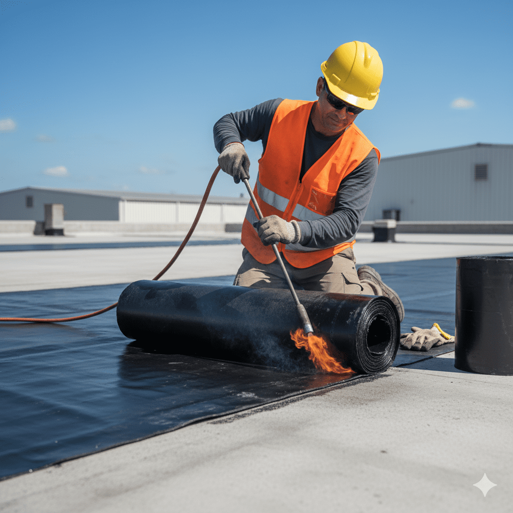 torch tool to heat the underside of a black bitumen membrane roll, unrolling it onto a concrete roof.