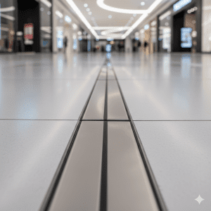 modern floor expansion joint cover (stainless steel) installed between two tiled floor sections in a shopping mall or airport