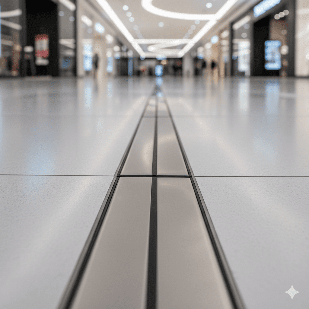modern floor expansion joint cover (stainless steel) installed between two tiled floor sections in a shopping mall or airport
