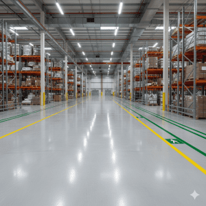 The floor is coated with high-gloss Light Grey epoxy (RAL 7035). Clearly marked vivid Yellow (RAL 1023) safety lines define forklift pathways. A separate Green (RAL 6010) walkway for pedestrians is visible on the side