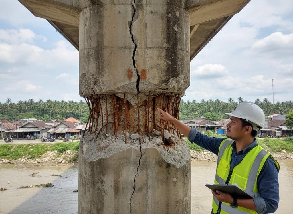 Civil engineer inspecting a concrete bridge pillar with visible cracks and spalling concrete, exposing rusted rebar.