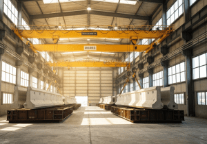 Large concrete girders are being lifted from steel molds by yellow overhead cranes.