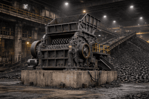 Mesin crusher batu bara raksasa di area pertambangan yang ditopang oleh pondasi beton dan sistem anchor bolt yang presisi.