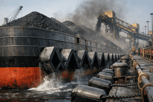 Instalasi Rubber Fender tipe Arch (V-Type) pada dermaga jetty batubara untuk menahan benturan tongkang 300 feet.