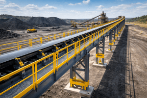 Tim teknis melakukan aplikasi coating anti karat pada struktur baja conveyor pertambangan yang panjang dan tinggi.