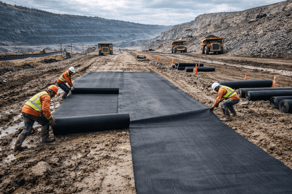 Aplikasi pemasangan geotextile woven untuk stabilisasi tanah dasar pada proyek jalan angkut pertambangan.
