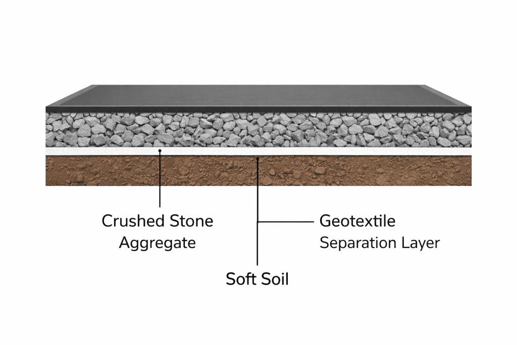 Perbandingan ketebalan lapisan agregat jalan tambang yang menggunakan geotextile dibandingkan metode konvensional.