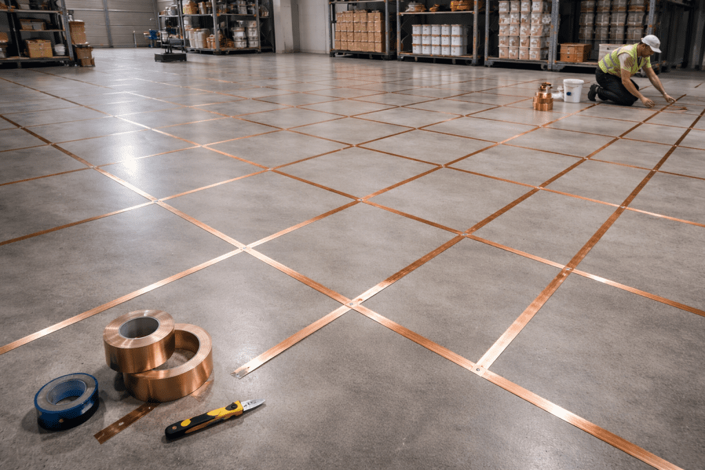 Proses pemasangan tembaga grounding untuk sistem epoxy lantai anti-statis pada gudang penyimpanan bahan peledak.