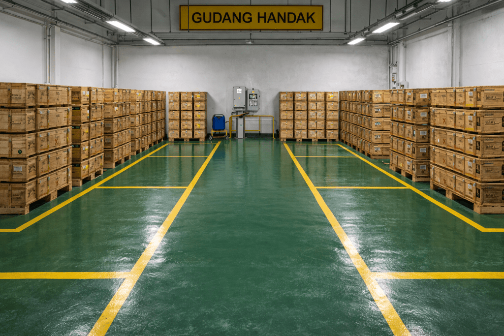 Interior gudang handak dengan aplikasi epoxy lantai anti-statis hijau dan marka kuning standar keselamatan.