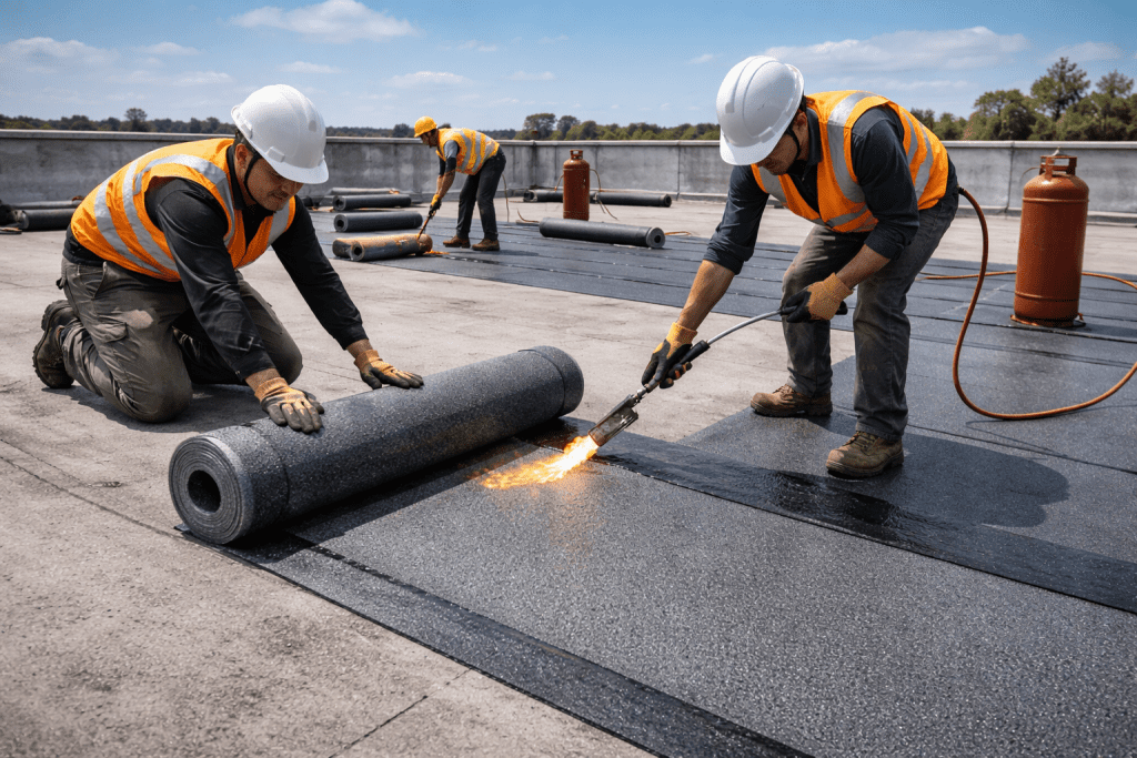 Proses pemasangan waterproofing membrane bakar granule warna hijau pada dak beton atap gedung bertingkat menggunakan teknik torch-on.