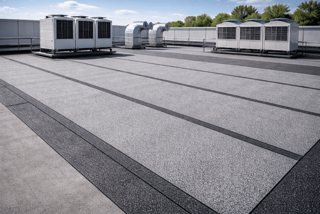 Keunggulan Waterproofing Membrane Bakar Granule untuk Melindungi Atap Gedung: Solusi Tahan Lama dan Efektif 1 Tampilan akhir rooftop gedung yang rapi dan terlindungi sempurna dengan sistem waterproofing membrane bakar granule abu-abu.