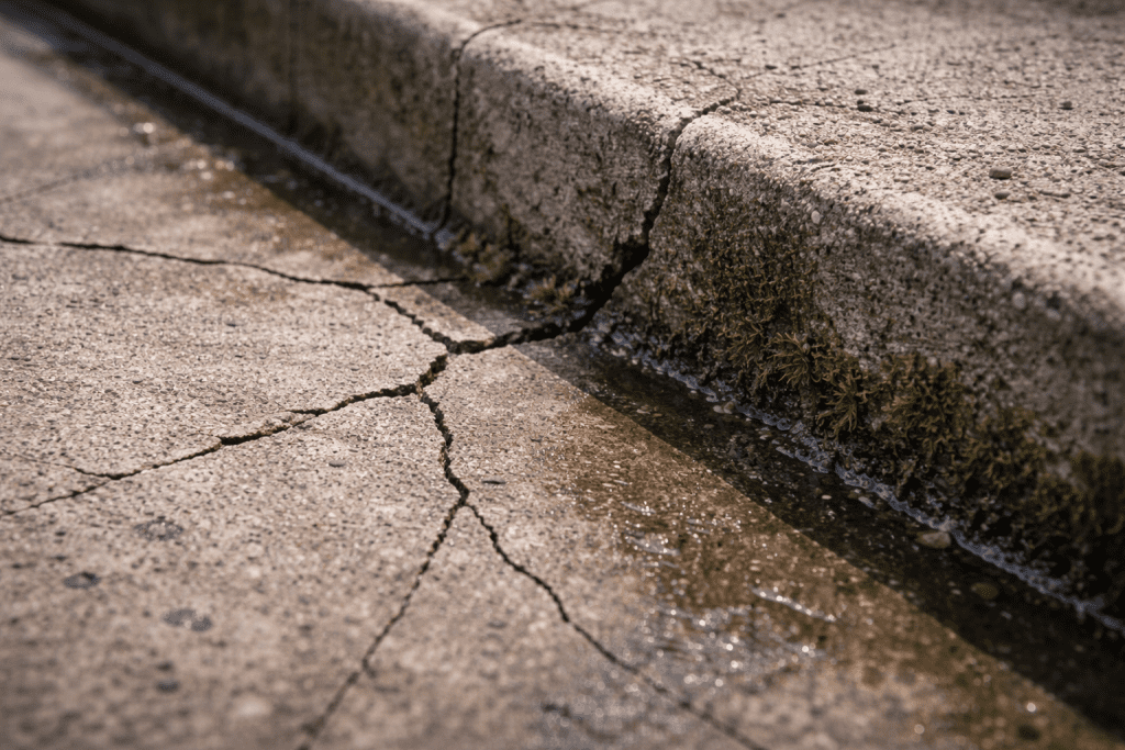 Inspeksi visual retakan struktur pada talang air beton yang menyebabkan kebocoran ke plafon di bawahnya.