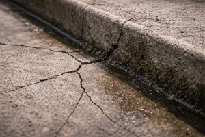 Inspeksi visual retakan struktur pada talang air beton yang menyebabkan kebocoran ke plafon di bawahnya.