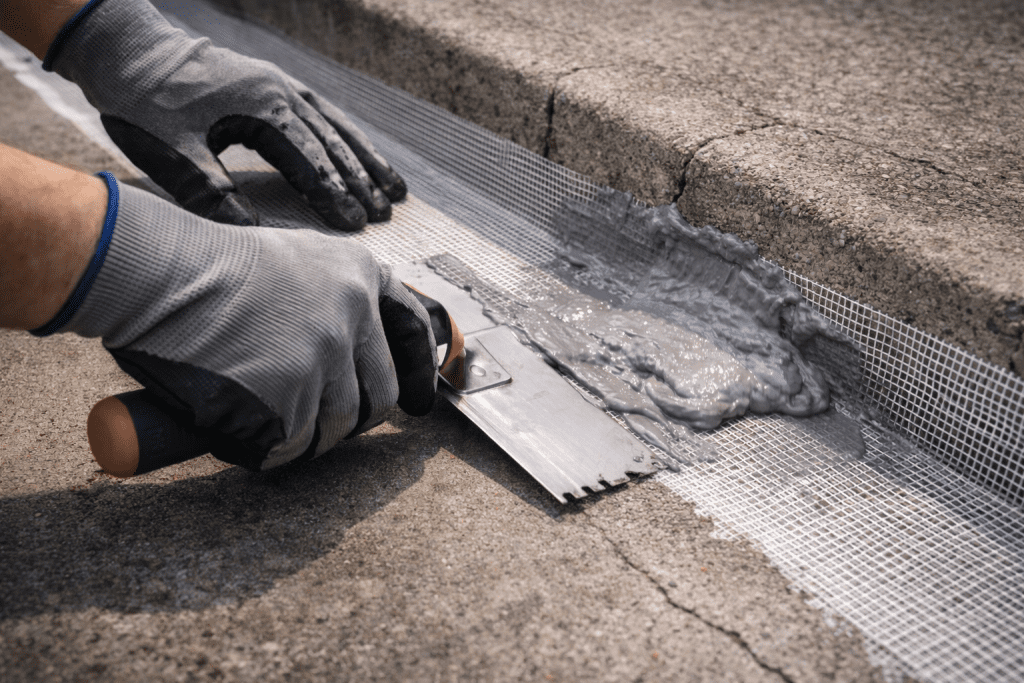 Proses aplikasi waterproofing polyurethane cair yang diperkuat dengan fiberglass mesh pada permukaan talang beton.