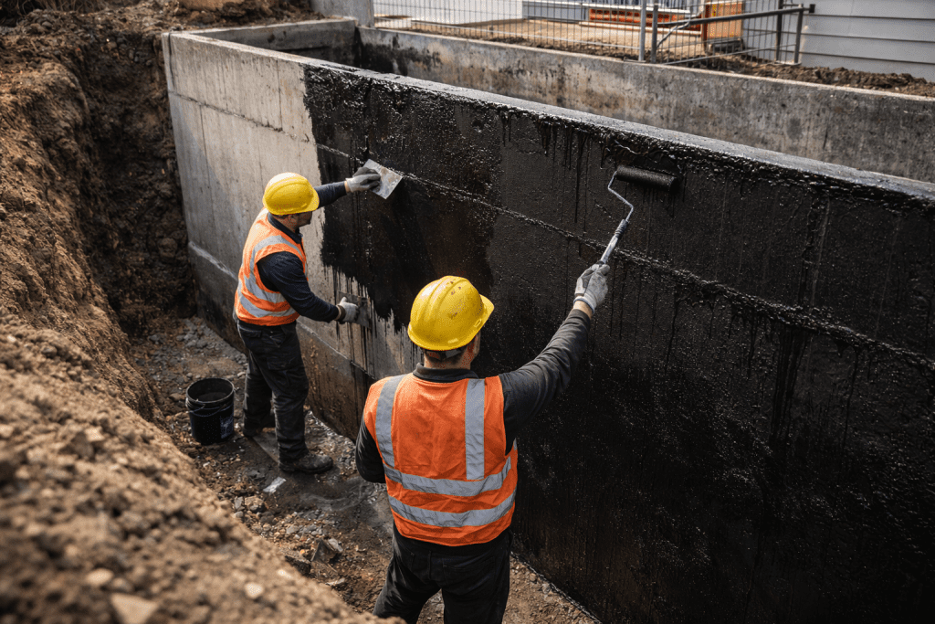 Tahap pemasangan membran waterproofing pada sisi luar dinding fondasi basement untuk perlindungan sisi positif.