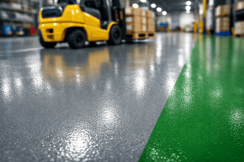 Foto industri dengan sudut rendah, menampilkan lantai gudang berlapis epoxy abu-abu yang halus dengan jalur pejalan kaki hijau. Di latar belakang, sebuah forklift kuning membawa palet, menunjukkan ketahanan lantai terhadap lalu lintas berat. Permukaan lantai yang reflektif dan pembagian warna terlihat jelas, dengan latar belakang gudang yang sedikit kabur.