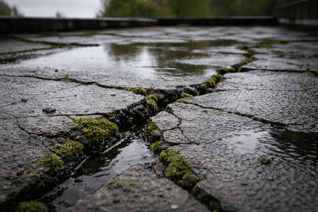Tampilan dekat dak beton yang retak dan tergenang air, menunjukkan perlunya perbaikan waterproofing.