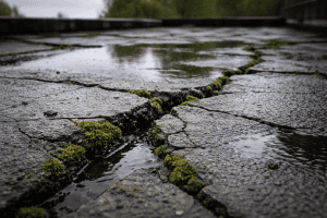 Tampilan dekat dak beton yang retak dan tergenang air, menunjukkan perlunya perbaikan waterproofing.