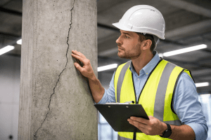 Insinyur profesional menggunakan rompi dan helm keselamatan sedang memeriksa keretakan pada kolom beton bangunan.