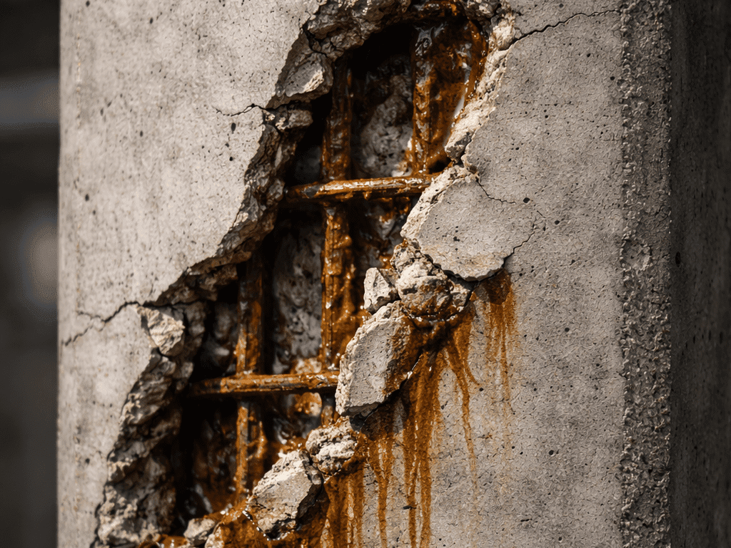 Detail retak struktur lebar pada kolom beton disertai noda karat dan beton terkelupas (spalling).