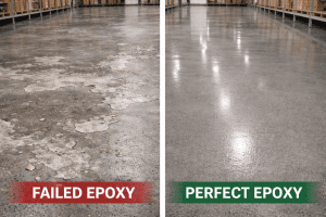 Perbandingan visual antara lantai epoxy yang mengelupas (gagal) dan lantai epoxy yang terpasang sempurna serta tahan lama.