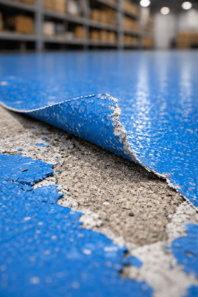 Foto detail lapisan cat epoxy yang terkelupas dari dasar beton, menunjukkan kegagalan daya rekat atau adhesi.