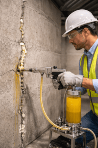 Teknisi sedang melakukan proses injeksi polyurethane pada dinding beton untuk menghentikan kebocoran air aktif.