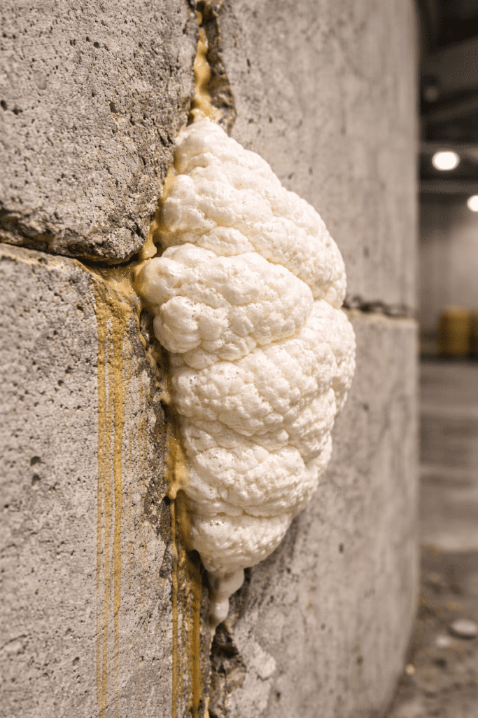 Foto detail busa polyurethane yang telah mengembang dan mengeras, memberikan segel elastis dan kedap air pada sambungan beton.
