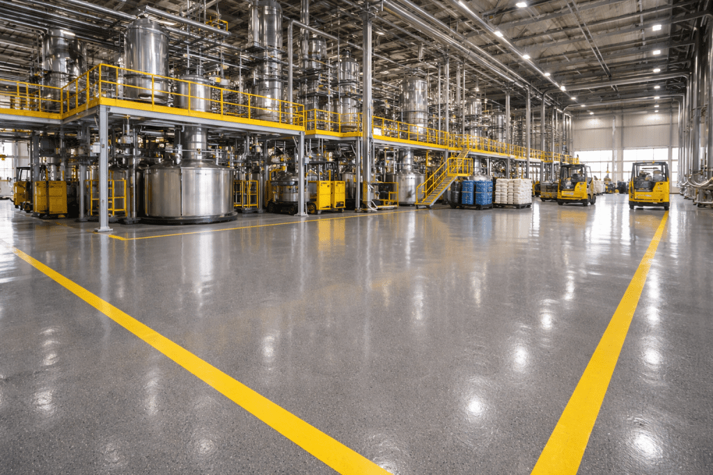Suasana pabrik industri kimia dengan lantai epoxy abu-abu yang mengkilap, tahan beban berat dan bahan kimia.