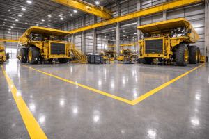 Interior bengkel alat berat tambang yang bersih dengan lantai epoxy abu-abu mengkilap dan jalur keselamatan kuning.
