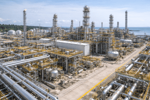 Pemandangan kawasan industri di Bontang dengan infrastruktur beton yang luas di area pesisir Kalimantan Timur.