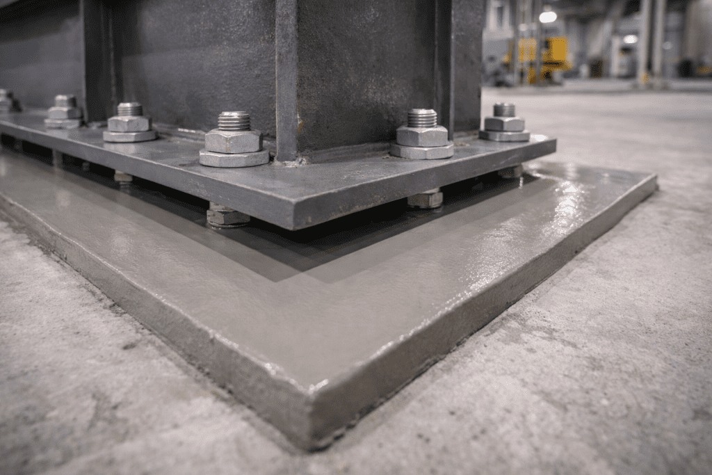 Hasil akhir pekerjaan grouting baseplate pada fondasi mesin berat menggunakan material grout semen bermutu tinggi.