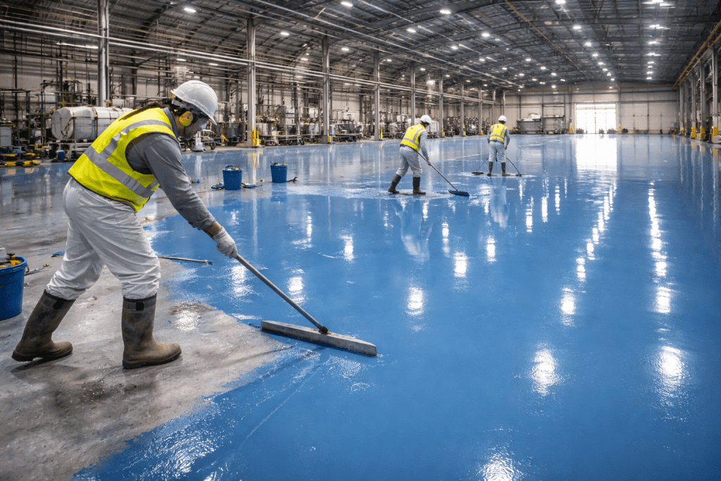 Tim kontraktor lantai Sangatta sedang mengaplikasikan epoxy coating pada lantai industri pabrik di Kutai Timur.